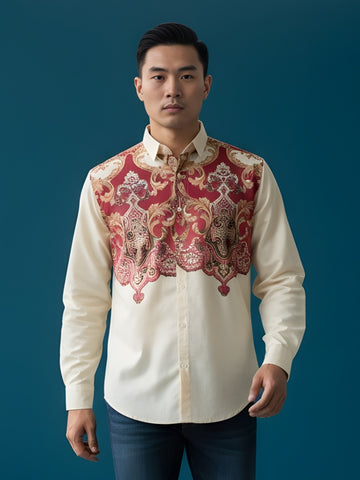 [DS-MGSP] Men's Beige Ethnic Printed Cotton Shirt