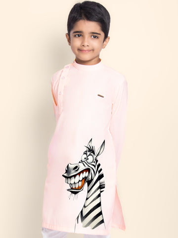 Boys Pink Cotton Kurta Pyjama with Print