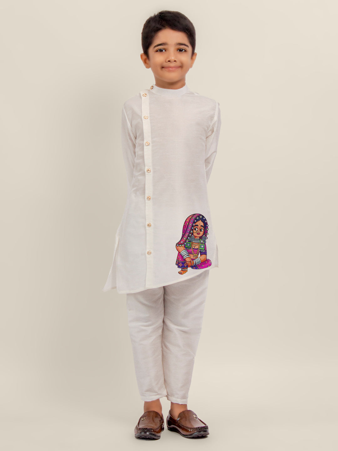 Boys White Printed Kurta With Pyjama Set
