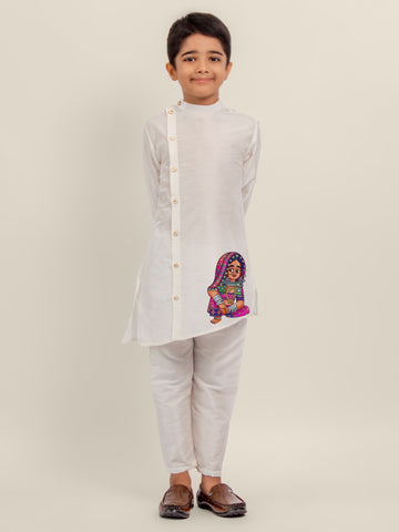 Boys White Printed Kurta With Pyjama Set