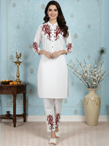 [DWKS-MGSP] Women White Ethnic Motifs Printed Cotton Kurti Set