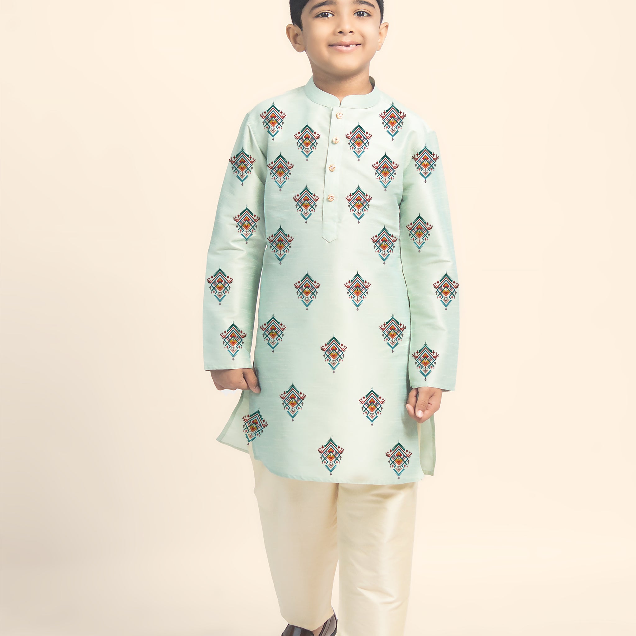 Boys Green Printed Kurta with Beige Pyjama Set