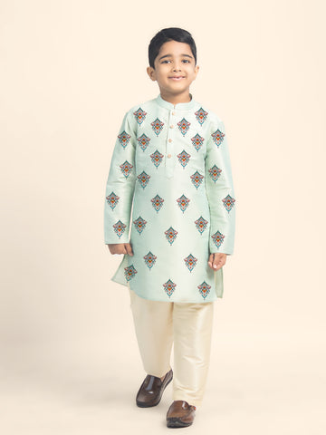 Boys Green Printed Kurta with Beige Pyjama Set