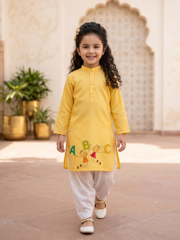 [DGKS-MGSP] Girls Yellow Ethnic Motifs Printed Cotton Kurti Set