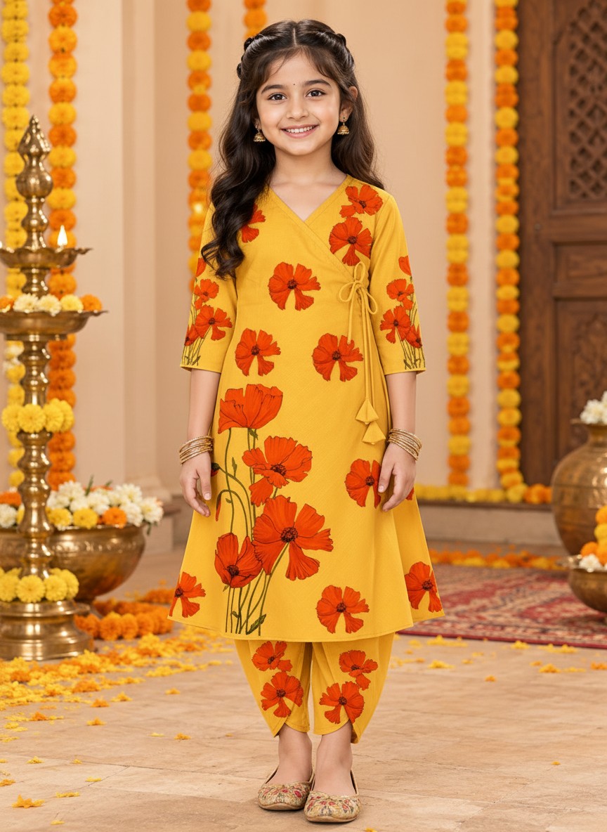 Girls' Mustard Cotton Kurti with Tulip pant Set – Printed