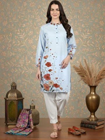 [DWKS-MGSP] Women Sky Blue Ethnic Motifs Printed Cotton Kurti Set