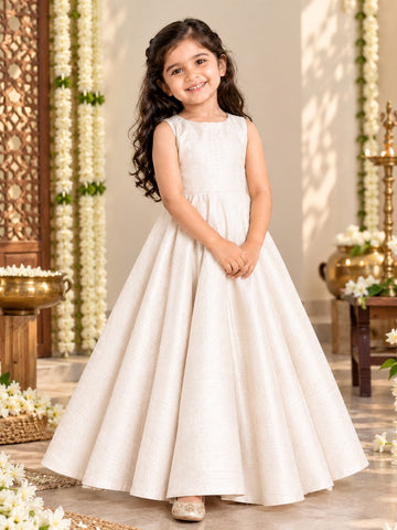 Girls' Off-White Art Silk Gown – Solid and Sleeveless