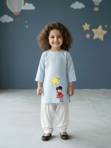 [DGKS-MGSP-RN] Girls Sky Blue Ethnic Motifs Printed Cotton Kurti Set