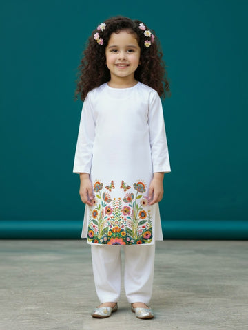 [DGKS-MGSP-RN] Girls White Ethnic Motifs Printed Cotton Kurti Set