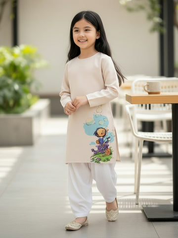 [DGKS-MGSP-RN] Girls Beige Ethnic Motifs Printed Cotton Kurti Set