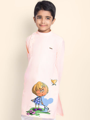 Boys Pink Cotton Kurta Pyjama with Print