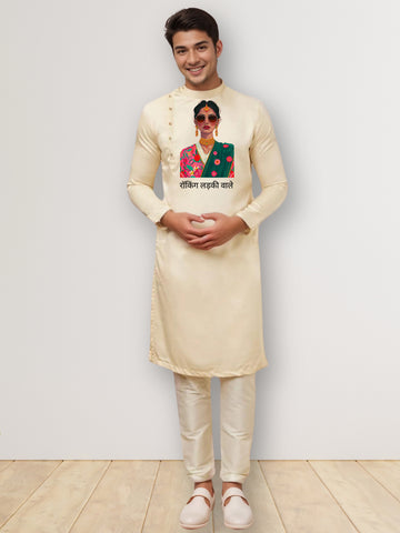 Mens Beige Side Placket Printed Kurta With Pyjama Set