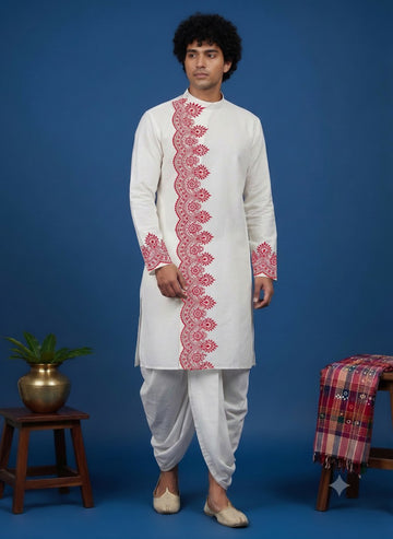 Men's White Cotton Kurta with Dhoti Set – Ethnic Print & Side Placket