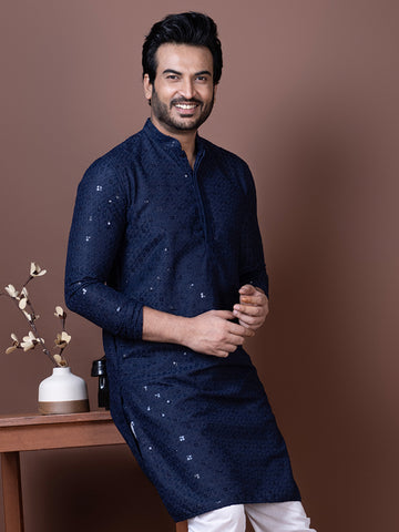 Mens Navy Blue Chikankari Kurta with Pyjama