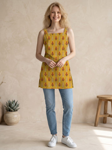 [DFMSL-MGSP] Women Yellow Printed Cotton Sleeveless Top