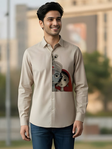 [DS-MGSP] Men's Beige Ethnic Printed Cotton Shirt