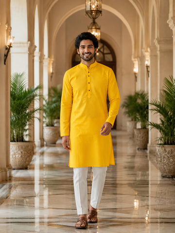 [SB] Men's Yellow Solid Cotton Kurta Set