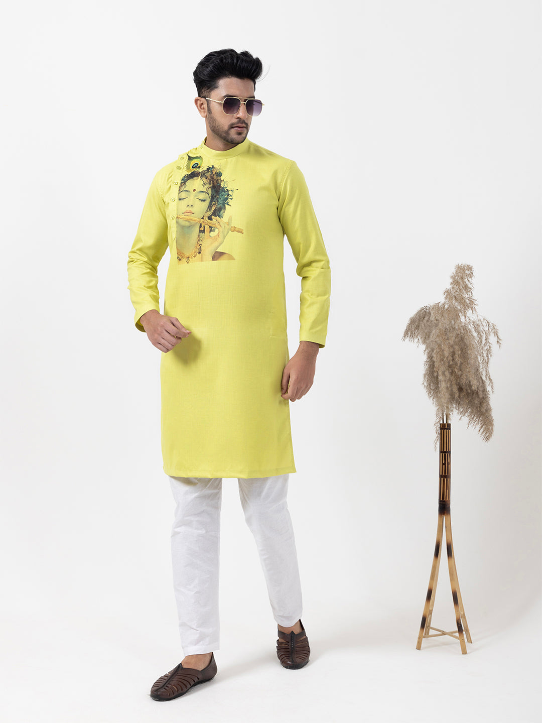 Mens Lime Green Side Placket Printed Kurta With Pyjama Set