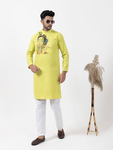 Mens Lime Green Side Placket Printed Kurta With Pyjama Set