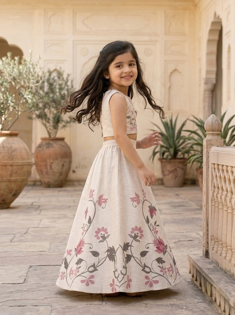 Girls' Off-White Art Silk Lehenga Set – Printed