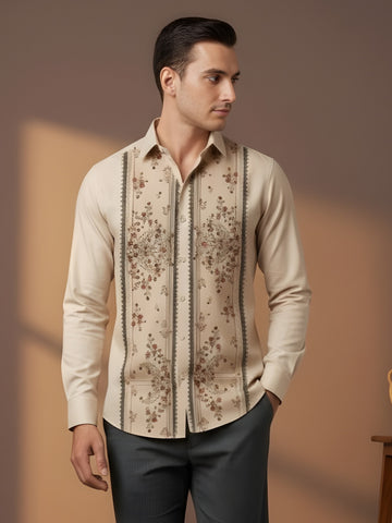 [DS-MGSP] Men's Beige Ethnic Printed Cotton Shirt