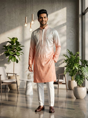 [NW] Men's Multi Colour Embroidered Cotton Silk Kurta Set