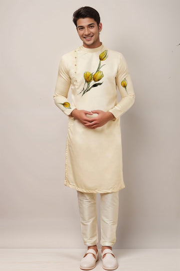 Floral Printed Thread Work Mandarin Collar Side Placket Cotton Straight Kurta With Pyjama Set