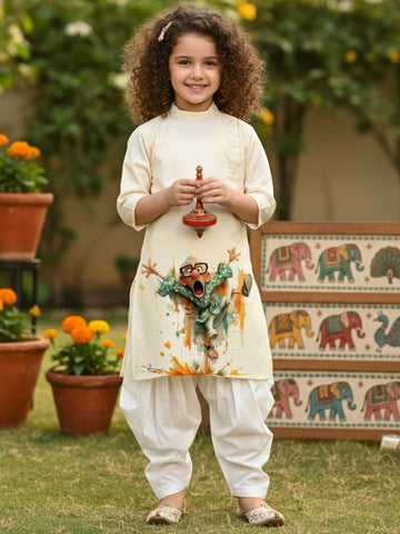 [DGKS-MGSP-B] Girls Beige Ethnic Motifs Printed Cotton Kurti Set
