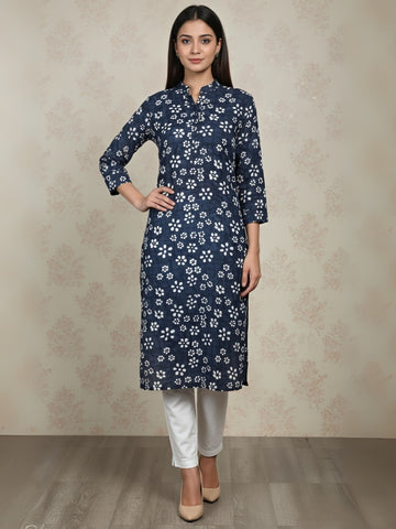[DWKS-BT] Women Blue Printed Cotton Kurti Set