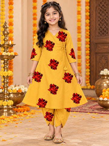 Girls' Mustard Cotton Kurti with Tulip pant Set – Printed