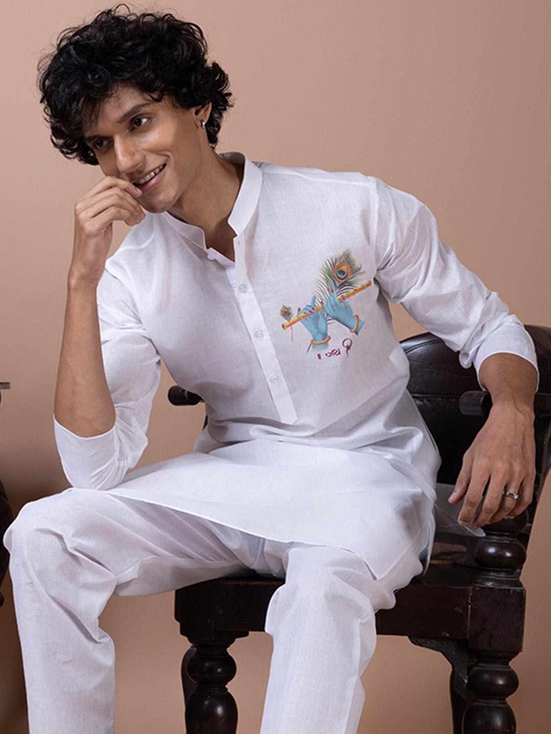 Mens White Printed Kurta Pyjama Set