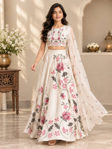 Women's Lehenga Off-White Art Silk Lehenga Set – Printed