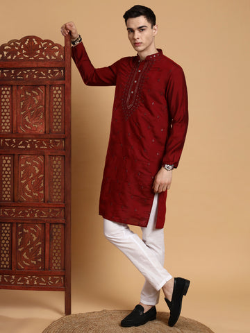 [MDE] Men's Maroon Mirror & Thread Work Modal Silk Kurta Set