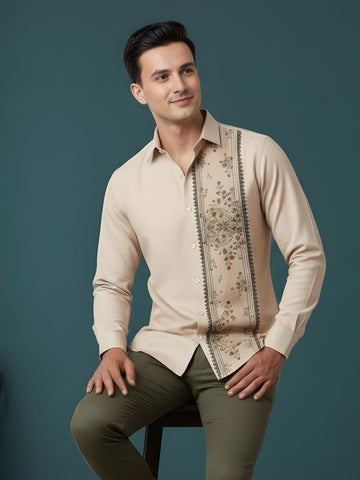 [DS-MGSP] Men's Beige Ethnic Printed Cotton Shirt