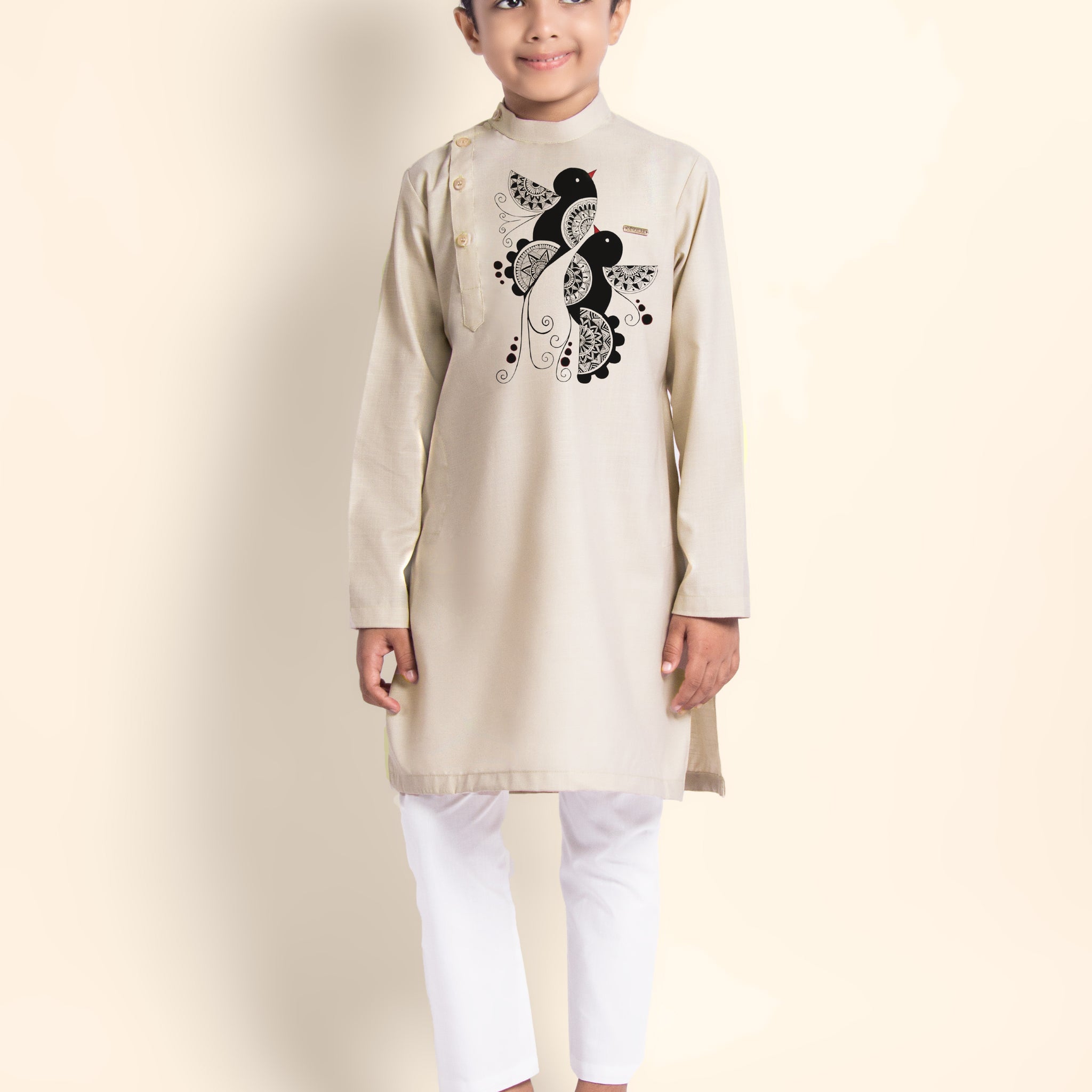 Boys Beige Printed Kurta With Pyjama