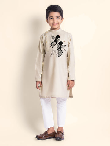 Boys Beige Printed Kurta With Pyjama