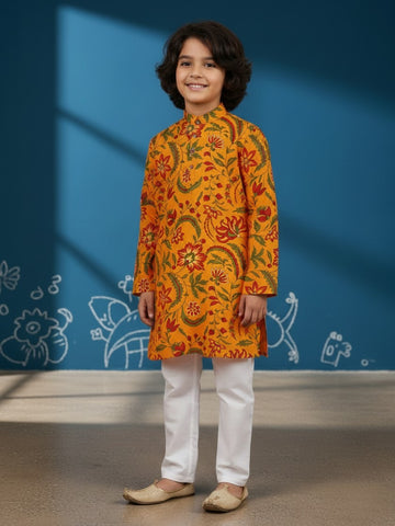 [DBKS-MGAO] Boy's Mustard Ethnic motifs Printed cotton kurta Set