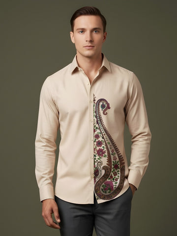 [DS-MGSP] Men's Beige Ethnic Printed Cotton Shirt