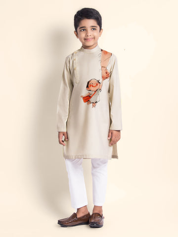 Boys Beige Printed Kurta With Pyjama