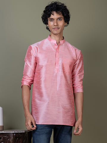 [DPS] Men's Pink Solid Art Silk Short Kurta