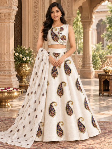 Women's Lehenga Off-White Art Silk Lehenga Set – Printed
