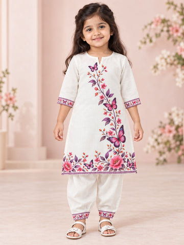 Girls' Beige Cotton Kurti Set – Printed