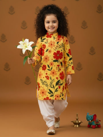 [DGKS-MGSP] Girls Yellow Ethnic Motifs Printed Cotton Kurti Set