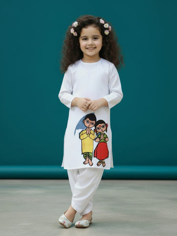 [DGKS-MGSP-RN] Girls White Ethnic Motifs Printed Cotton Kurti Set