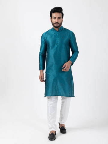 Woven Design Band Collar Dupion Silk Straight Kurta With Pyjama Set