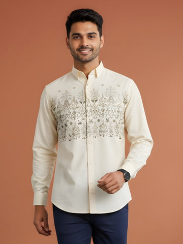[DS-MGSP] Men's Beige Ethnic Printed Cotton Shirt
