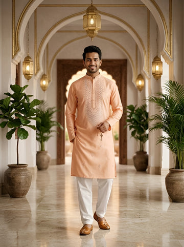 [NW] Men's Peach Embroidered Cotton Silk Kurta Set
