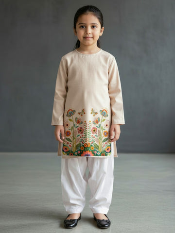 [DGKS-MGSP-RN] Girls Beige Ethnic Motifs Printed Cotton Kurti Set