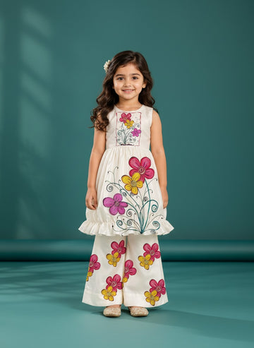 Girls' Off-White Art Silk Kurti Palazzo Set – Printed