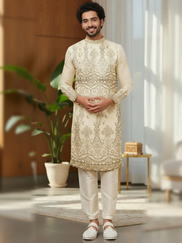 [MGSP-B] Men's Beige Ethnic Print Side Placket Cotton Kurta Set